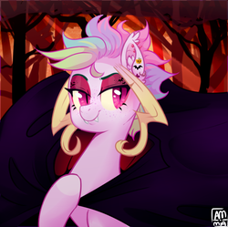 Size: 685x682 | Tagged: safe, artist:frowoppy, oc, oc only, bat pony, bat pony oc, ear piercing, fangs, female, mare, multicolored hair, piercing, smiling, solo