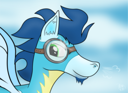 Size: 3702x2695 | Tagged: safe, artist:landmark520, soarin', pegasus, pony, g4, clothes, facial hair, goatee, goggles, high res, male, solo, stallion, uniform, wonderbolts uniform