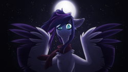 Size: 3000x1687 | Tagged: safe, artist:diaxmineowo, oc, oc only, pegasus, pony, angry, chest fluff, clothes, ear fluff, female, frown, looking at you, mare, moon, night, outdoors, scarf, sky, solo, spread wings, stars, wing fluff, wings