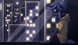 Size: 3000x1767 | Tagged: safe, artist:diaxmineowo, oc, oc only, pony, unicorn, building, city, clothes, female, floppy ears, hair bun, hoodie, looking away, mare, moon, night, sitting, solo, window
