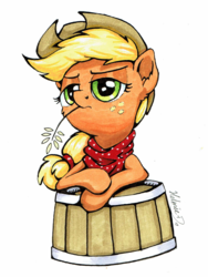Size: 1024x1365 | Tagged: safe, artist:helmie-art, applejack, earth pony, pony, g4, bucket, bust, cowboy hat, female, freckles, hat, haystick, mare, portrait, signature, simple background, solo, stetson, straw in mouth, white background