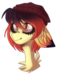 Size: 1418x1829 | Tagged: safe, artist:diaxmineowo, oc, oc only, pony, beanie, bust, chest fluff, ear fluff, female, floppy ears, hat, looking up, mare, simple background, solo, transparent background