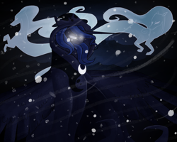 Size: 4000x3200 | Tagged: safe, artist:diaxmineowo, princess luna, spirit of hearth's warming yet to come, alicorn, pony, windigo, a hearth's warming tail, g4, angry, cloak, clothes, dark, female, mare, night, snow, snowfall, wind, winter