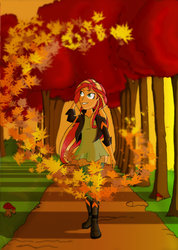 Size: 1600x2246 | Tagged: safe, artist:papyjr13, sunset shimmer, equestria girls, g4, autumn, autumn leaves, boots, equinox, fall equinox, female, high heel boots, leaves, shoes, smiling, solo, sunset shimmer day, tree