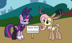 Size: 1153x695 | Tagged: safe, artist:author92, fluttershy, twilight sparkle, alicorn, pegasus, pony, g4, animal costume, bowtie, bunny ears, bunny suit, clothes, costume, cufflinks, cuffs (clothes), cute, horseshoes, jackalope costume, leotard, pantyhose, shoes, shyabetes, sign, twiabetes, twilight sparkle (alicorn), unimpressed, wrist cuffs