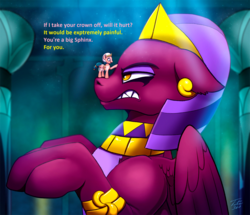 Size: 2000x1719 | Tagged: safe, artist:tsitra360, edit, somnambula, the sphinx, pegasus, pony, sphinx, daring done?, g4, angry, baneposting, cute, female, floppy ears, frown, glare, gritted teeth, mare, misspelling, petting, raised hoof, somnambetes, text