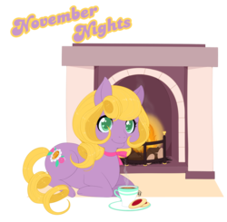 Size: 1280x1256 | Tagged: safe, artist:reachfarhigh, november nights, g3, colored pupils, cookie, female, fireplace, food, g3betes, solo, tea, text