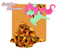 Size: 1600x1382 | Tagged: safe, artist:reachfarhigh, october dreams, pony, g3, clothes, female, g3betes, happy, jumping in leaves, leaf pile, scarf, smiling, solo, text