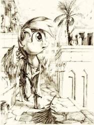 Size: 1024x1368 | Tagged: safe, artist:lordgood, rainbow dash, pegasus, pony, g4, background pony, carthage, city, clothes, looking up, monochrome, palm tree, raised hoof, solo focus, toga, traditional art, tree, wings