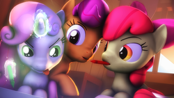 Size: 3840x2159 | Tagged: safe, artist:selestlight, apple bloom, scootaloo, sweetie belle, earth pony, pony, g4, 3d, crayon, cutie mark crusaders, high res, magic, source filmmaker