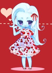 Size: 852x1200 | Tagged: safe, artist:weiliy, trixie, equestria girls, g4, bow, chibi, clothes, colored pupils, cute, diatrixes, dress, female, hair bow, heart, red background, simple background, solo