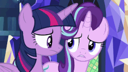 Size: 800x450 | Tagged: safe, edit, rarity, starlight glimmer, twilight sparkle, alicorn, pony, g4, it isn't the mane thing about you, animated, female, gif, raribald, text, twilight sparkle (alicorn)