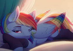 Size: 3700x2610 | Tagged: safe, artist:evehly, rainbow dash, pegasus, pony, g4, backwards cutie mark, bedroom eyes, clothes, colored wings, cute, ear piercing, female, high res, leg warmers, looking at you, mare, multicolored wings, piercing, prone, rainbow wings, sleepy, socks, solo, sweet dreams fuel, wallpaper