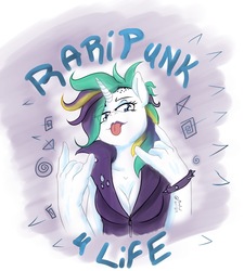 Size: 1199x1334 | Tagged: safe, artist:radicalweegee, rarity, anthro, g4, it isn't the mane thing about you, alternate hairstyle, breasts, cleavage, devil horn (gesture), female, punk, raripunk, solo, tongue out
