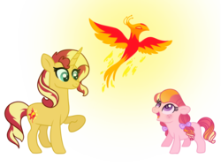 Size: 1000x750 | Tagged: safe, artist:carouselunique, philomena, sunset shimmer, oc, oc:honeycrisp blossom, earth pony, phoenix, pony, unicorn, g4, bonding, cute, female, fiery shimmer, filly, freckles, glowing, mare, ocbetes, parent:big macintosh, parent:princess cadance, parents:cadmac, shimmerbetes, simple background, sunset shimmer day, transparent background