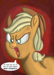 Size: 2180x3000 | Tagged: safe, artist:saburodaimando, applejack, g4, angry, cross-popping veins, granny, high res, implied granny smith, rant, the man they call ghost, true capitalist radio