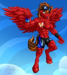 Size: 2000x2240 | Tagged: safe, artist:h-stallionwolf, oc, oc only, oc:marker pace, pegasus, anthro, unguligrade anthro, abs, armpits, biceps, clothes, flexing, goggles, high res, horseshoes, male, muscles, pecs, racer, solo, spandex, stallion, wings, wristband