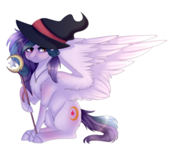 Size: 4000x3500 | Tagged: safe, artist:crazllana, oc, oc only, oc:shylu, pegasus, pony, female, hat, high res, mare, simple background, sitting, solo, staff, transparent background, witch, witch hat