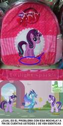 Size: 522x1046 | Tagged: safe, princess ember, starlight glimmer, twilight sparkle, alicorn, dragon, pony, g4, triple threat, backpack, spanish, twilight sparkle (alicorn), you had one job