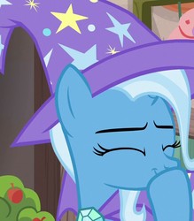 Size: 626x715 | Tagged: safe, screencap, trixie, pony, unicorn, g4, to where and back again, cropped, cute, diatrixes, eyes closed, female, mare, raised hoof, solo