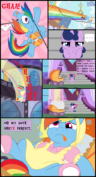 Size: 6000x11000 | Tagged: safe, artist:evilfrenzy, rainbow dash, oc, oc:twinkle star, comic:dolly dash, g4, absurd resolution, bonnet, booties, clothes, clothes line, comic, crash, dazed, derp, dress, female, filly, pram, puffy cheeks, puffy sleeves, rainbow dash always dresses in style, stroller, tongue out