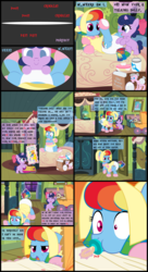 Size: 6000x11000 | Tagged: safe, artist:evilfrenzy, rainbow dash, oc, oc:twinkle star, pony, comic:dolly dash, g4, abdl, absurd resolution, adult foal, blanket, bonnet, booties, clothes, comic, diaper, diaper fetish, diapered, dress, female, fetish, filly, floppy ears, forced makeover, forced pacifier, levitation, lying down, magic, misspelling, non-baby in diaper, on back, pacifier, poofy diaper, pram, puffy sleeves, rainbow dash always dresses in style, stroller, sweat, sweatdrops, telekinesis, tongue out, tucking in