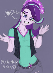 Size: 1400x1920 | Tagged: safe, artist:milkitalix, starlight glimmer, equestria girls, g4, beanie, clothes, dialogue, female, gray background, hat, meh, shrug, simple background, solo, vest