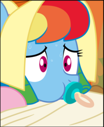 Size: 2960x3628 | Tagged: safe, artist:evilfrenzy, rainbow dash, comic:dolly dash, g4, abdl, adult foal, bonnet, cropped, female, high res, pacifier, solo, sweat, sweatdrops