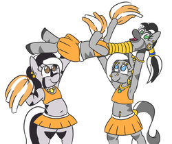 Size: 938x788 | Tagged: safe, artist:jargon scott, oc, oc only, pony, zebra, semi-anthro, armpits, belly button, belly piercing, bellyring, bipedal, cheerleader, chubby, clothes, cute, ear piercing, earring, eyebrow piercing, female, jewelry, looking up, mare, midriff, necklace, nose piercing, nose ring, open mouth, piercing, simple background, skirt, smiling, white background, zebra oc
