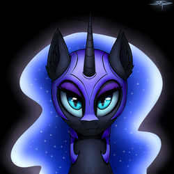Size: 3000x3000 | Tagged: safe, artist:setharu, nightmare moon, alicorn, pony, g4, bust, ear fluff, fangs, female, helmet, high res, lidded eyes, looking at you, mare, signature, smiling, smirk, solo