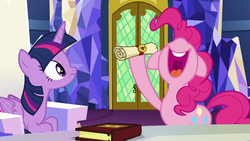 Size: 1280x720 | Tagged: safe, screencap, pinkie pie, twilight sparkle, alicorn, pony, g4, not asking for trouble, book, happy, scroll, twilight sparkle (alicorn), twilight's castle