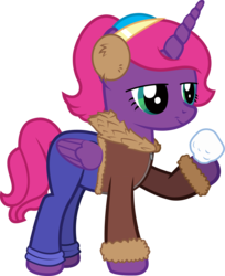 Size: 1896x2322 | Tagged: safe, artist:andrevus, oc, oc only, oc:pinkmane, alicorn, pony, alicorn oc, earmuffs, hairband, simple background, snow, snowball, solo, transparent background, winter outfit