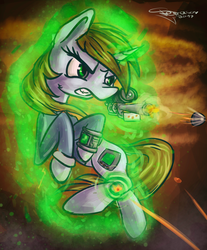 Size: 2486x3000 | Tagged: safe, artist:ferasor, oc, oc only, oc:littlepip, pony, unicorn, fallout equestria, clothes, cutie mark, fanfic, fanfic art, female, force field, glowing horn, gun, handgun, high res, hooves, horn, jumpsuit, levitation, little macintosh, magic, mare, optical sight, pipbuck, revolver, self-levitation, serious, serious face, shooting, solo, teeth, telekinesis, vault suit, weapon