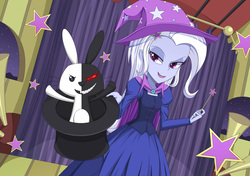 Size: 2406x1696 | Tagged: safe, artist:liu ting, angel bunny, trixie, equestria girls, g4, angel is a bunny bastard, anime, cape, clothes, crossover, danganronpa, female, hat, monokuma, pixiv, solo, top hat, trixie's cape, trixie's hat, wand
