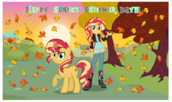 Size: 2544x1520 | Tagged: safe, artist:andoanimalia, ray, sunset shimmer, leopard gecko, pony, unicorn, equestria girls, g4, autumn, clothes, cute, fall equinox, female, grin, happy, jacket, leather jacket, leaves, mare, pants, pun, raised hoof, self ponidox, shimmerbetes, smiling, sun, sunset, sunset shimmer day, sunshine shimmer, tree, visual pun
