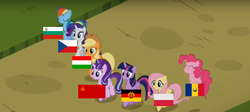 Size: 1100x494 | Tagged: safe, applejack, fluttershy, pinkie pie, rainbow dash, rarity, starlight glimmer, twilight sparkle, alicorn, earth pony, pegasus, pony, unicorn, g4, bulgaria, communism, czech, czechoslovakia, east germany, eqg flag-tag meme, flag, friends are always there for you, hungary, mane six, poland, romania, s5 starlight, soviet union, stalin glimmer, twilight sparkle (alicorn), warsaw pact