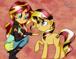 Size: 1024x800 | Tagged: safe, artist:doppiad-doubled, sunset shimmer, pony, unicorn, equestria girls, chin scratch, clothes, cute, female, human ponidox, jacket, leather jacket, mare, pants, raised hoof, self ponidox, shimmerbetes, sunset shimmer day