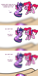 Size: 900x1798 | Tagged: safe, artist:justagirlonline, pinkie pie, twilight sparkle, pony, ask cute twinkie pie, g4, ask, crying, female, lesbian, neck bow, scroll, ship:twinkie, shipping, tumblr