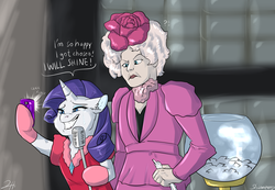 Size: 2600x1800 | Tagged: safe, artist:shimazun, rarity, pony, unicorn, g4, and then there's rarity, cellphone, clothes, crossover, crying, dialogue, dress, effie trinket, fanart mashup challenge, female, mare, microphone, phone, selfie, smiling, tears of joy, the hunger games