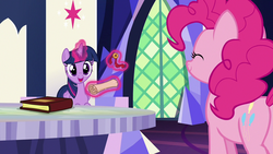 Size: 1280x720 | Tagged: safe, screencap, pinkie pie, twilight sparkle, alicorn, pony, g4, not asking for trouble, happy, magic, scroll, twilight sparkle (alicorn), twilight's castle