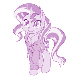 Size: 800x800 | Tagged: safe, artist:dstears, sunset shimmer, pony, unicorn, g4, clothes, cute, earbuds, female, hoodie, mare, monochrome, mp3 player, shimmerbetes, simple background, smiling, solo, sunset shimmer day, sweater, white background