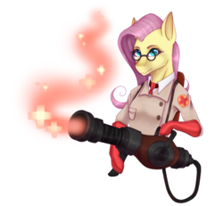 Size: 929x859 | Tagged: safe, artist:unig0re, fluttershy, anthro, class, crossover, cure, doctor, fluttermedic, healer, medic, medishy, parody, simple background, solo, team fortress 2, transparent background
