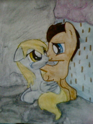 Size: 1200x1600 | Tagged: safe, artist:beetrue, derpy hooves, doctor whooves, time turner, earth pony, pony, g4, female, kissing, male, rain, ship:doctorderpy, shipping, straight, traditional art