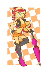 Size: 800x1200 | Tagged: safe, artist:rvceric, sunset shimmer, equestria girls, g4, adorasexy, alternate clothes, boots, breasts, cleavage, clothes, cute, female, fingerless gloves, gloves, high heel boots, looking at you, miniskirt, race queen, sexy, shimmerbetes, shoes, skirt, smiling, solo, thigh boots, umbrella