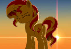 Size: 2440x1701 | Tagged: safe, artist:mirrorcrescent, sunset shimmer, pony, unicorn, g4, blinking, bunset shimmer, butt, evening, eyes closed, female, lens flare, mare, outdoors, plot, sky, smiling, solo, standing, sun, sunset, sunset shimmer day, sunshine shimmer