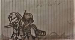 Size: 585x315 | Tagged: safe, artist:fanliterature101, oc, oc only, oc:century note, oc:littlepip, pony, unicorn, fallout equestria, clothes, fanfic, fanfic art, far harbor, female, gun, handgun, heavy metal armor, horn, jet powered sledge hammer, jumpsuit, lined paper, mare, monochrome, ncr ranger, pipbuck, revolver, traditional art, vault suit