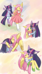 Size: 1000x1778 | Tagged: safe, artist:howxu, fluttershy, twilight sparkle, pegasus, anthro, g4, bridal carry, carrying, clothes, cute, dress, duo, eyes closed, female, heart, howxu is trying to murder us, kissing, lesbian, mare, open mouth, ship:twishy, shipping, shyabetes, skirt, smiling, strategically covered, twiabetes, weapons-grade cute