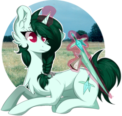 Size: 1111x1057 | Tagged: safe, artist:mackenzei-stock, artist:woonborg, oc, oc only, oc:jadeite nephrite, pony, unicorn, braid, chest fluff, cloth, ear fluff, female, field, floppy ears, frown, glowing horn, grass, grass field, horn, irl, levitation, magic, mare, photo, ponies in real life, prone, sky, solo, sword, telekinesis, tree, weapon