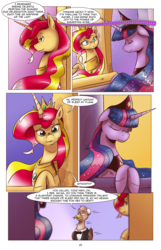 Size: 1253x1950 | Tagged: safe, artist:saturdaymorningproj, sunset shimmer, twilight sparkle, oc, oc:bitworth, alicorn, griffon, pony, comic:a princess' worth, g4, alicornified, alternate universe, comic, crown, cute, dialogue, facial hair, female, jewelry, mare, moustache, race swap, regalia, shimmerbetes, shimmercorn, sleeping, smiling, speech bubble, twiabetes, twilight sparkle (alicorn)