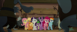 Size: 640x267 | Tagged: safe, screencap, applejack, capper dapperpaws, fluttershy, pinkie pie, rainbow dash, rarity, spike, twilight sparkle, abyssinian, alicorn, cat, dragon, pony, anthro, g4, my little pony: the movie, animated, anthro with ponies, chest fluff, gif, mane seven, mane six, twilight sparkle (alicorn)
